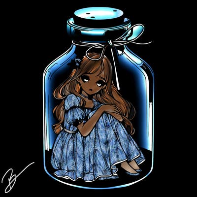 beautiful realistic girl trapped in bottle