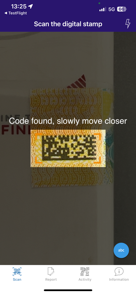 Smartphone screen displaying the Check Am app scanning a digital stamp on a product.
