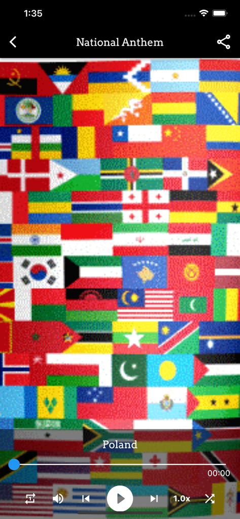 National Anthem Songs - National Anthem Songs app player screen featuring a grid of world flags.