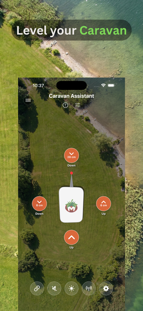 Caravan-Assistant: Wohnwagen - Interfaz de la aplicación Caravan Assistant mostrando un nivel de burbuja digital con indicadores de ajuste de altura en centímetros para nivelar una RV