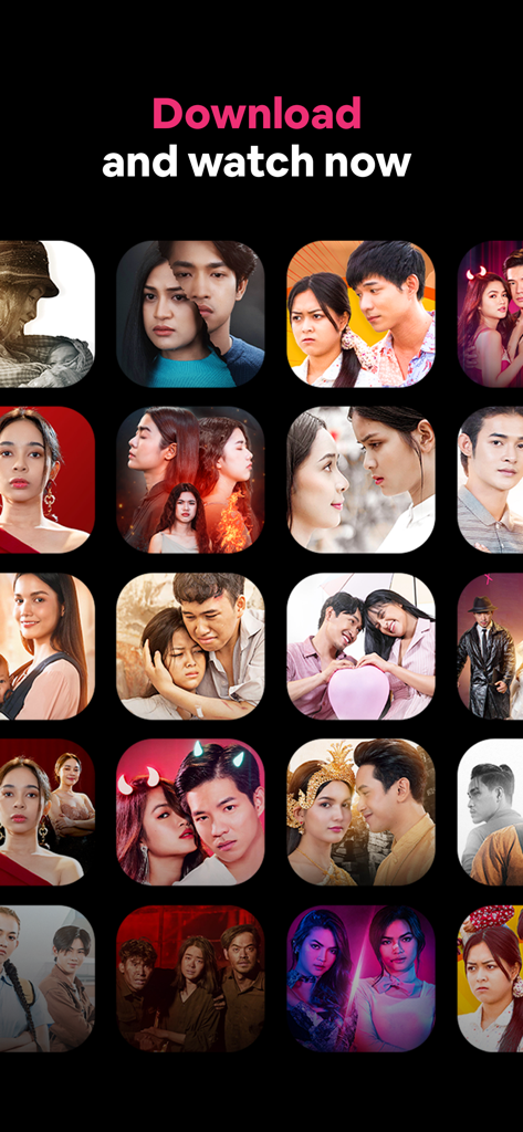 Sastra Film app interface showing a grid of movie posters with the text download and watch now