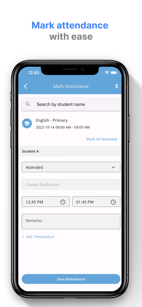Schermata dell'app mobile AOne per registrare le presenze degli studenti in un centro educativo.