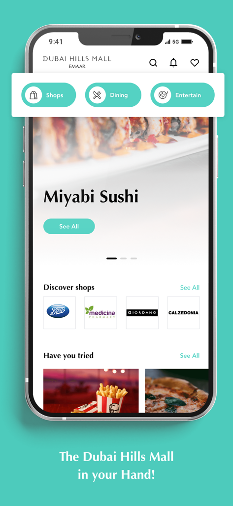Dubai Hills Mall - 두바이 힐스 몰 모바일 앱 홈 화면, 매장, 다이닝, 엔터테인먼트 카테고리 표시