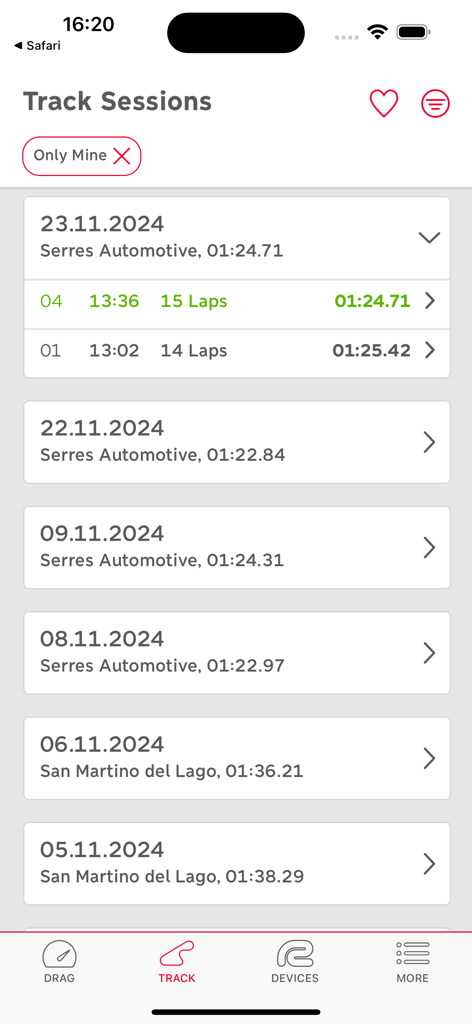 RaceBox - A summary of recorded track sessions showing lap times and circuit locations within the RaceBox app interface