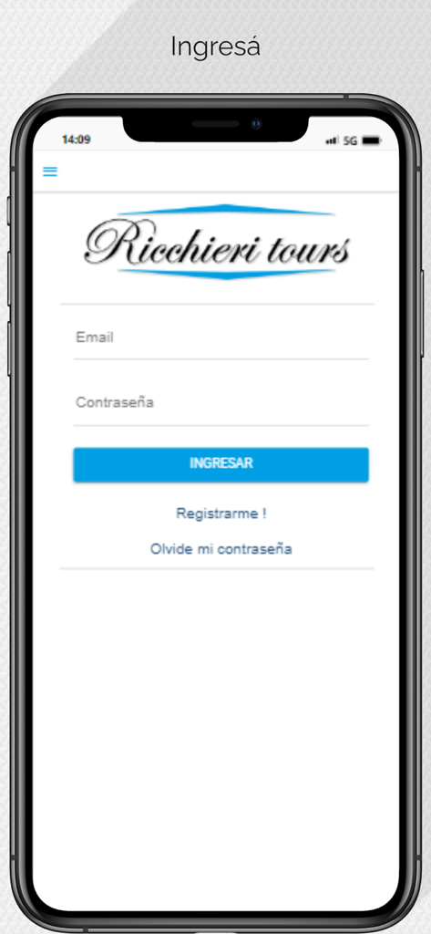 Ricchieri Tours - Interfaz de inicio de sesión para la aplicación Ricchieri Tours mostrando campos de entrada de correo electrónico y contraseña.