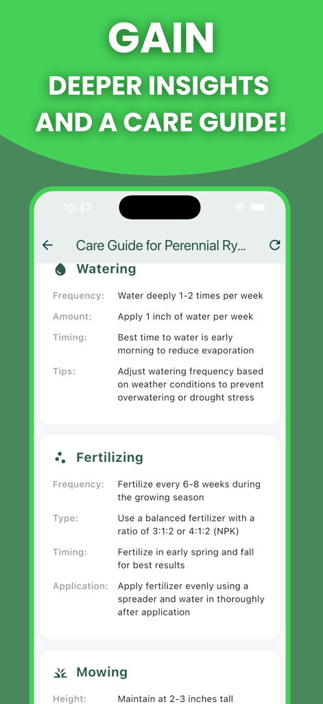 Grass Identifier: AI Scan - Mobile app screenshot showing a detailed lawn care guide for perennial ryegrass with watering and fertilizing instructions.