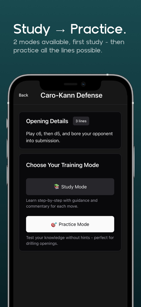 Die Benutzeroberfläche der Schach Eröffnungen Theoria App zeigt die Auswahl von Lernmodus und Übungsmodus für die Caro-Kann-Verteidigung.