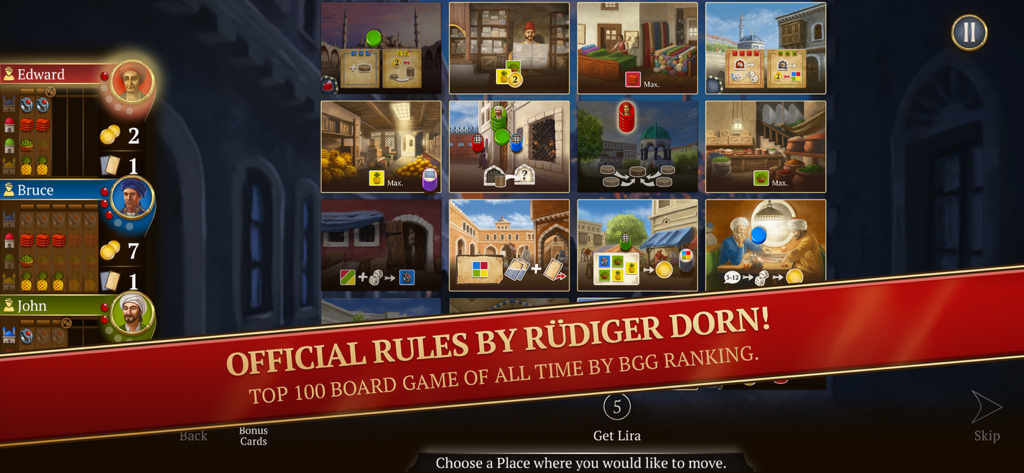 Gameplay of Istanbul Digital Edition showing the merchant bazaar tiles and player inventory