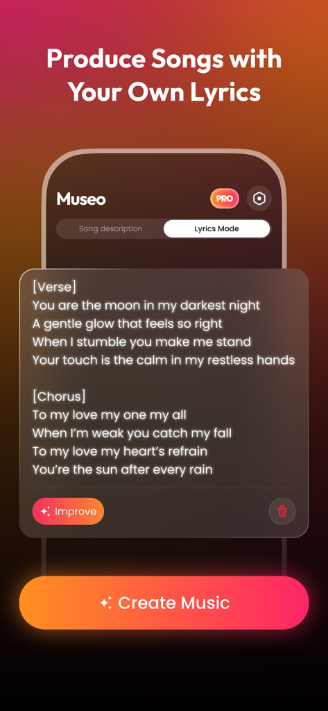 MuseO: AI Music Ringtone Maker - MuseO app interface showing lyrics mode to produce songs with custom verses and chorus