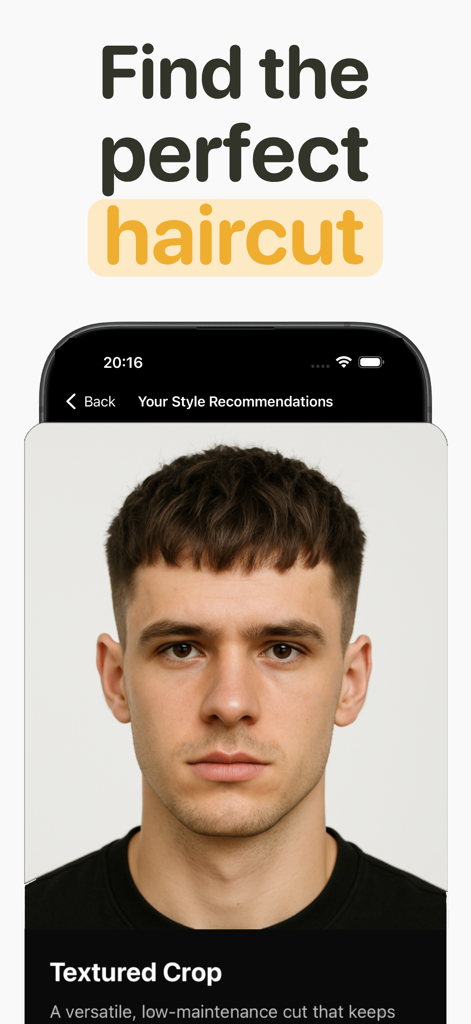 Interfaccia dell'app Crown AI che mostra raccomandazioni personalizzate di acconciature per uomini, incluso un taglio corto texturizzato