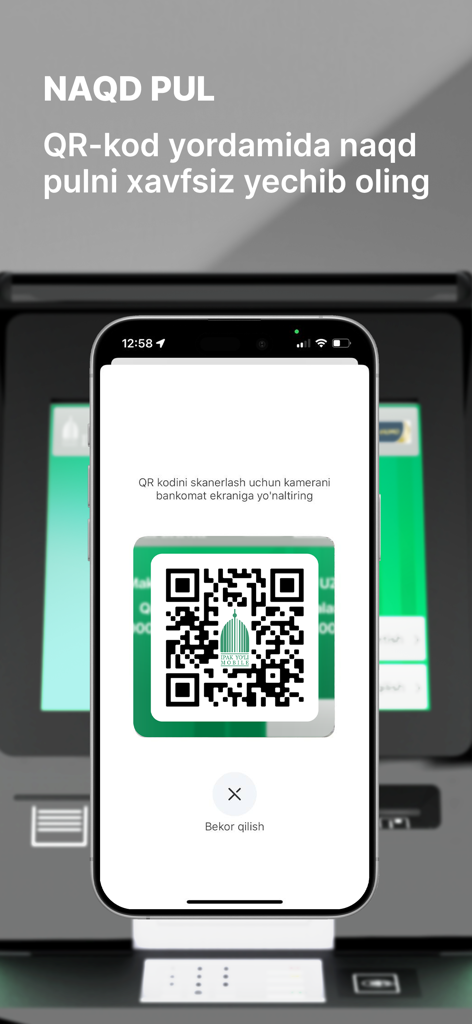 Ipak Yuli Mobile app interface showing a QR code for secure cardless cash withdrawal from an ATM