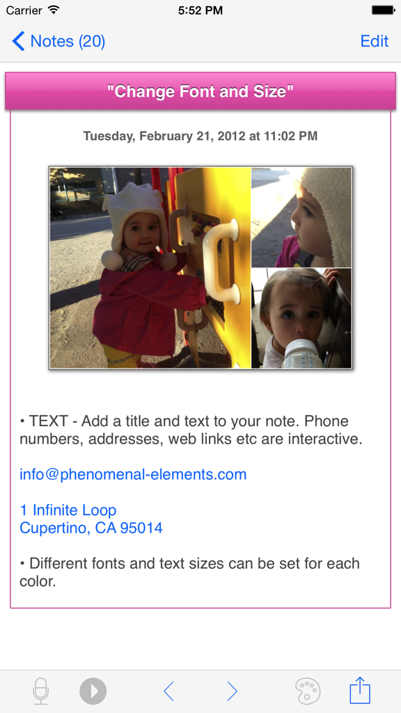 Eine Notiz in der all-in Notes App, die drei Fotos und interaktive Textlinks für E-Mail und Adressen anzeigt