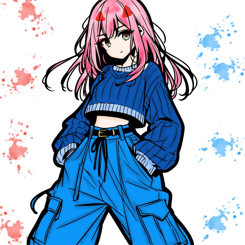 anime teen girl with baggy pants and crop top with sweater
