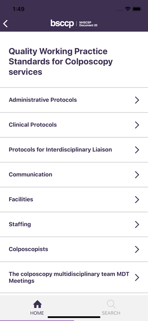 A screenshot of the BSCCP colposcopy guide app showing the quality working practice standards menu including clinical and administrative protocols.