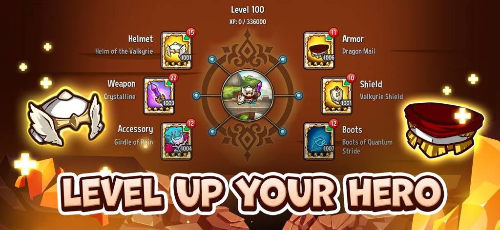 Crazy Defense Heroes: RPG TD - Hero customization screen showing equipment slots for helmet armor weapon shield and boots in Crazy Defense Heroes