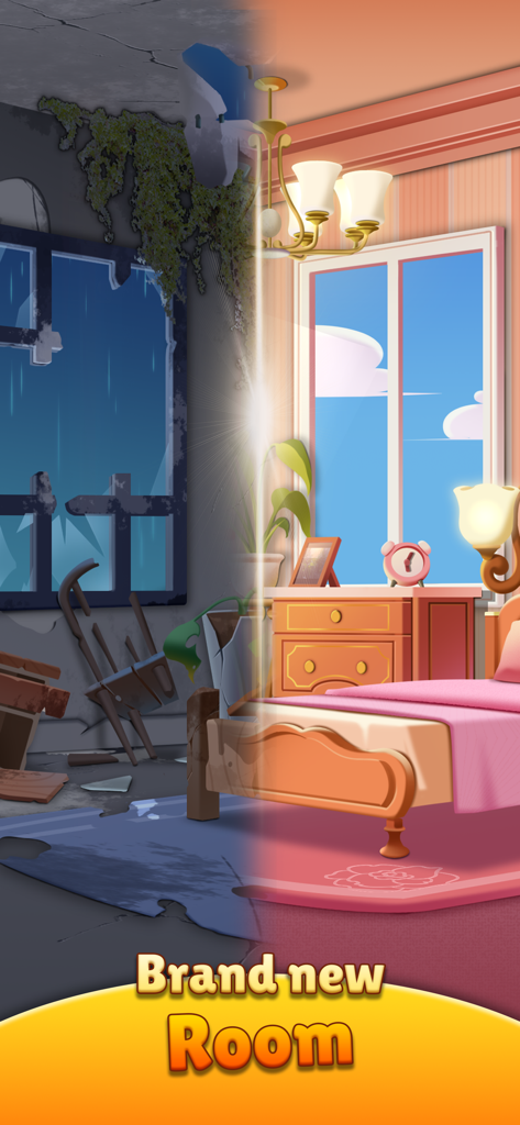 Tile Story - Match Life Puzzle - Ein geteilter Bildschirm, der die Verwandlung eines unordentlichen alten Zimmers in ein wunderschönes, brandneues Schlafzimmer zeigt