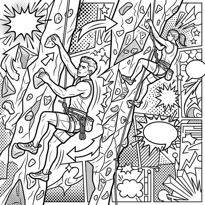Immerse yourself in the thrill of sport climbing rendered in a vibrant Pop Art style. This unique coloring page brings the energy of the climb to life with bold comic-book aesthetics and dynamic patterns.