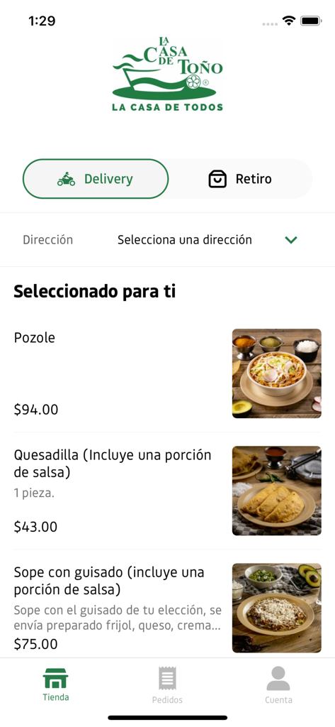 Interfaz del menú de la aplicación La Casa de Toño mostrando platillos mexicanos como Pozole y Quesadillas