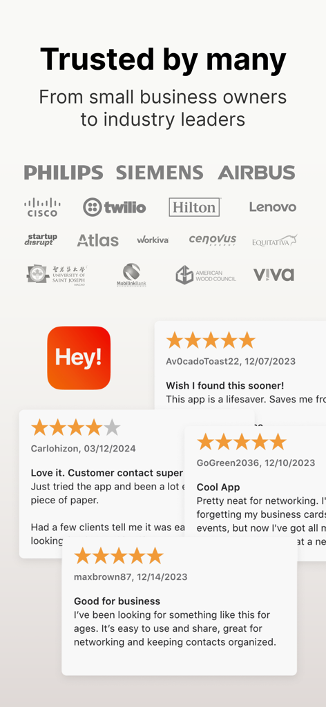 HeyDrop: Digital Business Card - Logotipos de grandes empresas como Philips y Siemens junto con reseñas de usuarios de 5 estrellas para la app de tarjetas de presentación digitales HeyDrop.