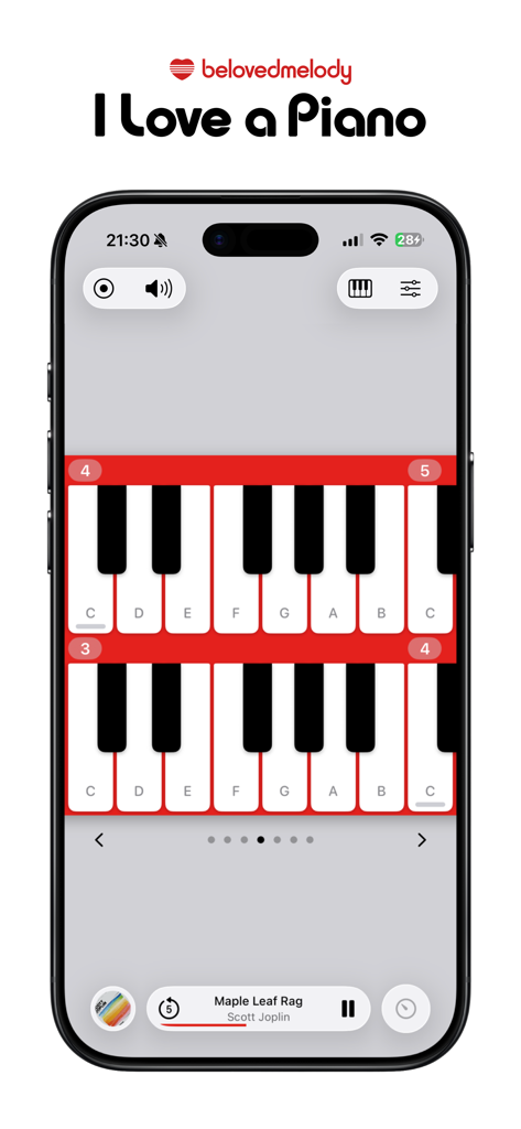 I Love a Piano - I Love a Piano app showing a layered keyboard design and music playback controls on an iPhone