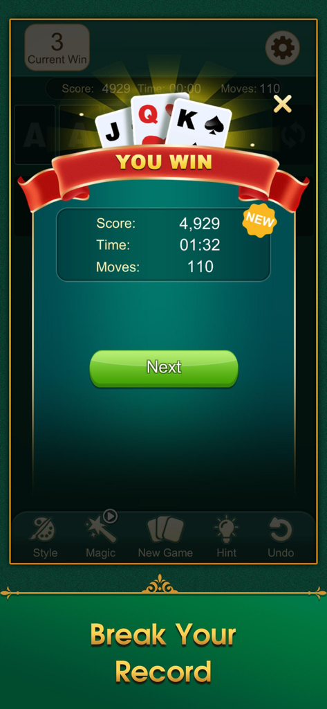 Solitaire MasterCell winning screen displaying game statistics including score, time, and moves