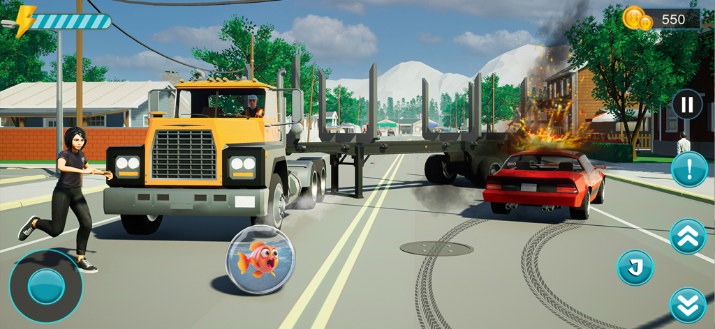 Hungry Piranha Aquarium Fish - A goldfish in a water bubble navigating a city street with a truck and a burning car