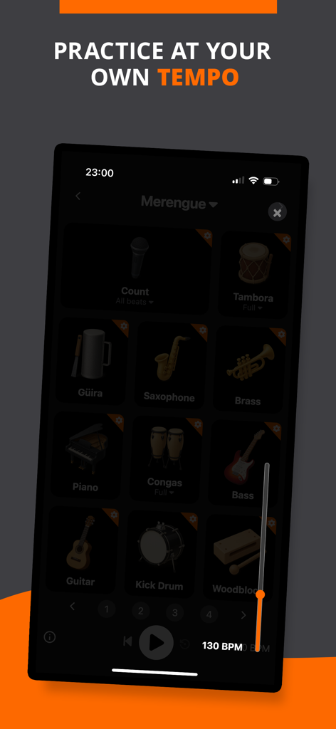Merengue Rhythms - BeatLab - Interfaccia dell'app Merengue Rhythms che mostra la selezione dello strumento e il controllo BPM regolabile per la pratica musicale