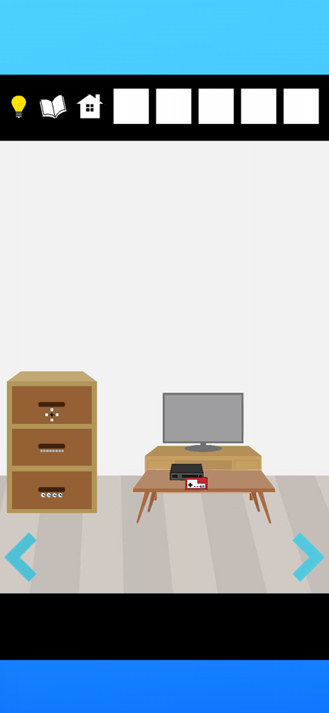 A minimalist living room featuring a TV dresser and a small game console in a puzzle escape game