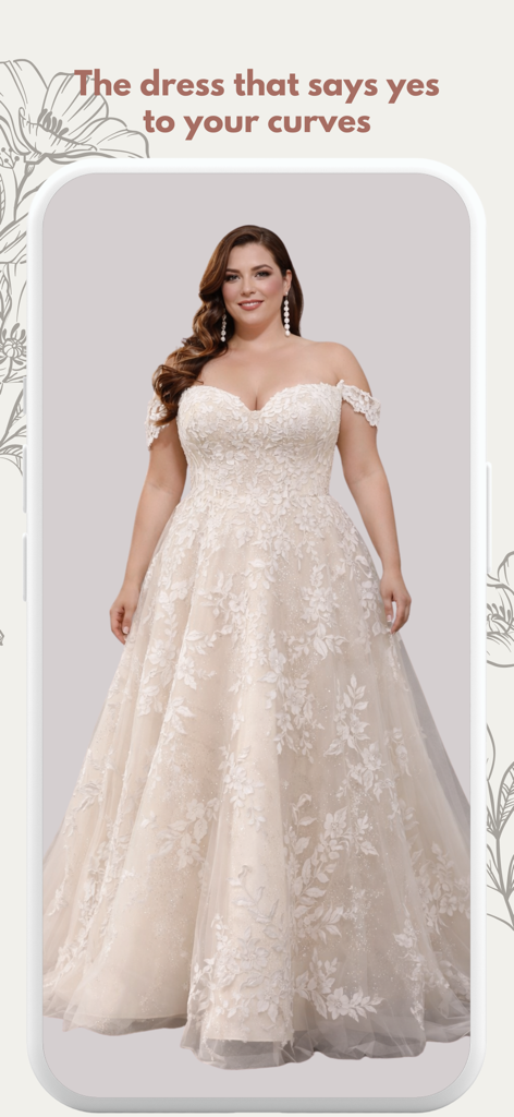 Plus Size Wedding Dress Shop - Ein kurviges Model trägt ein schulterfreies Spitzen-Brautkleid in der Brautkleider-Shop-App in Übergrößen.