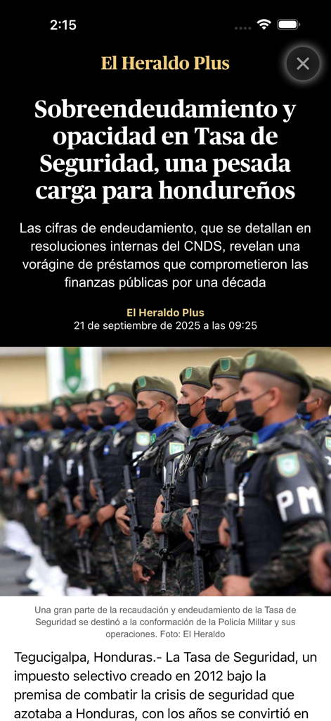 Diario El Heraldo Honduras - El Heraldo Honduras app displaying a political news article about security debt and military police