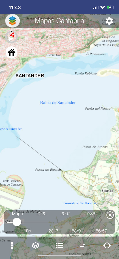 Mapas de Cantabria - Capture d'écran de l'application Mapas de Cantabria montrant une carte topographique détaillée de la baie de Santander et de sa côte environnante.