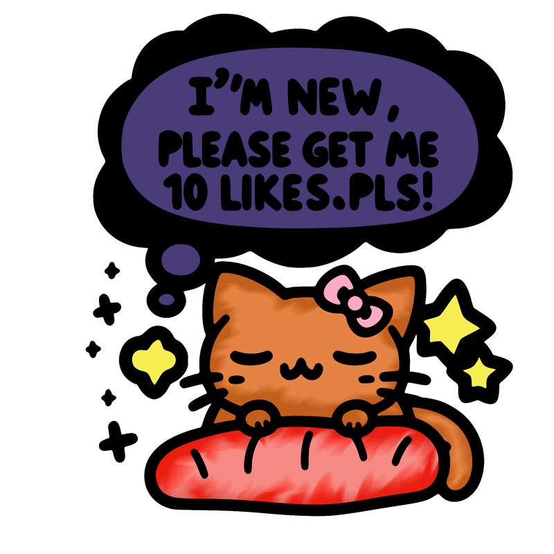 kitty taking a nap dream talking and saying "i'm new, please get me at least 10 likes pls!!"
