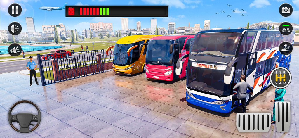 US Public Bus Simulator Driver - A bus terminal in US Public Bus Simulator Driver showing multiple buses parked and a character entering a blue coach bus.