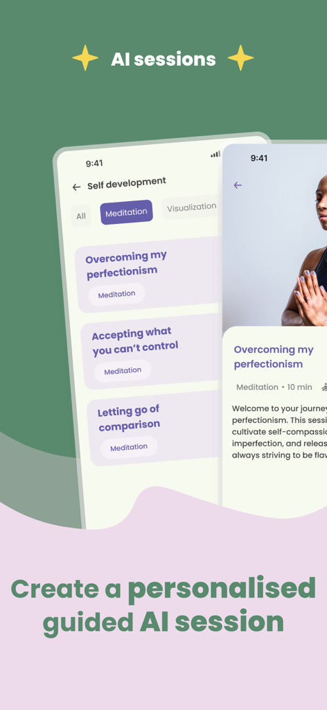 Personalized AI guided sessions for self development and meditation in the Serenity app