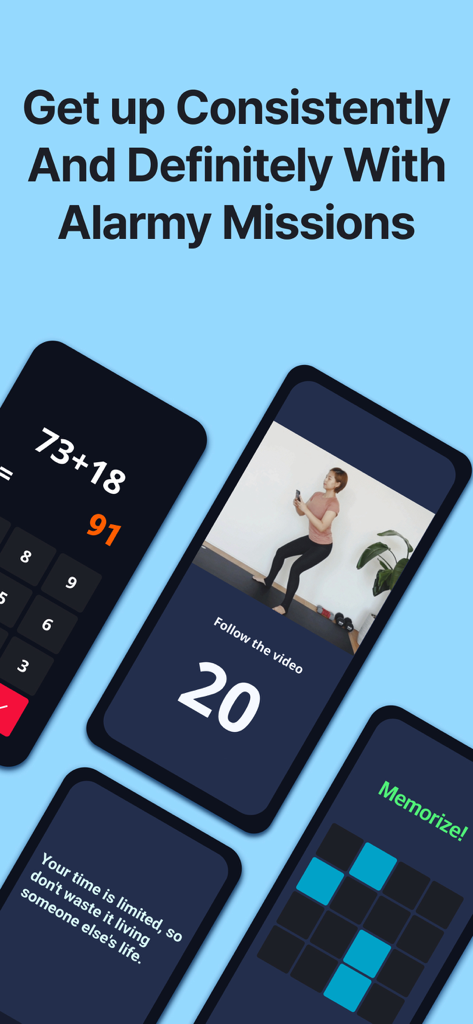 Alarmy app screen showing math exercise and memory missions to wake up consistently