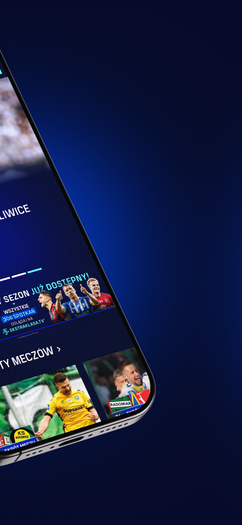Ekstraklasa TV mobile app interface displaying Polish football league matches and video highlights.