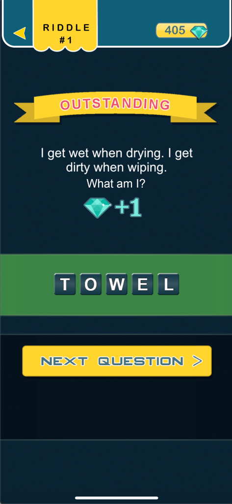 What am I? riddles - Word game - A gameplay screenshot of the What am I word game showing a solved riddle for a towel with an outstanding badge.