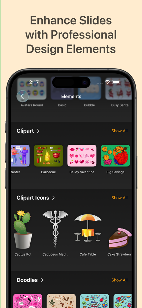 Toolbox for Google Slides - Interfaz de aplicación móvil que muestra varios clipart, iconos y garabatos para presentaciones de Google Slides.