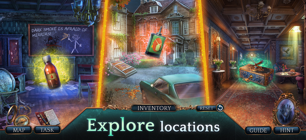 Haunting Novel 1: Hidden Hotel - Haunting Novel 1 Hidden Hotelのゲームプレイシーンで、謎めいた部屋と邸宅の外観が表示されている