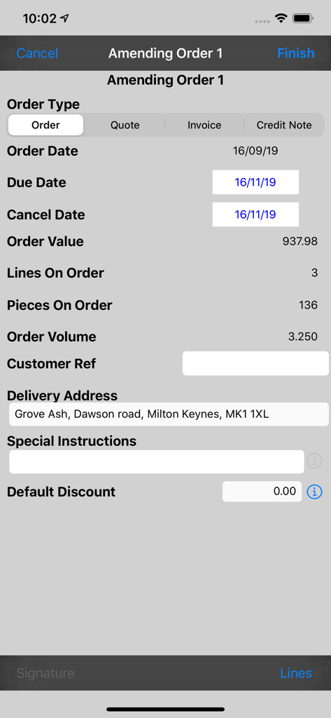 SalesPresenter mobile app interface for entering and amending wholesale sales orders.