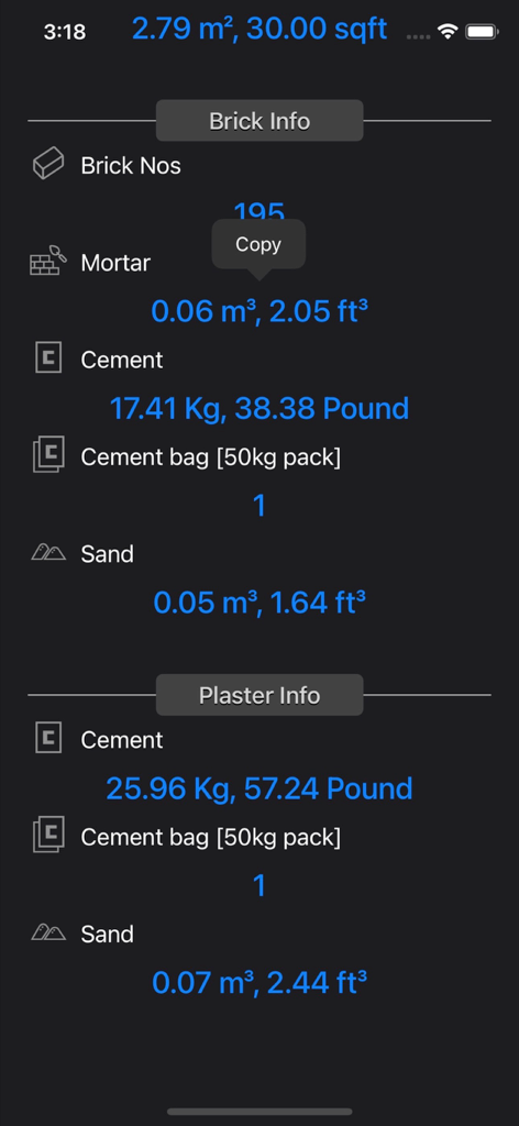 Brick and Plaster Calculator - Calculation results showing brick numbers and plaster requirements in both metric and imperial units