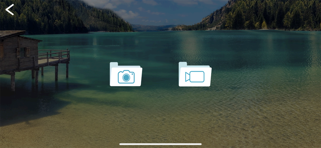 A screen showing photo and video media folders over a scenic lake background in the SKY-WiFi-Drone app
