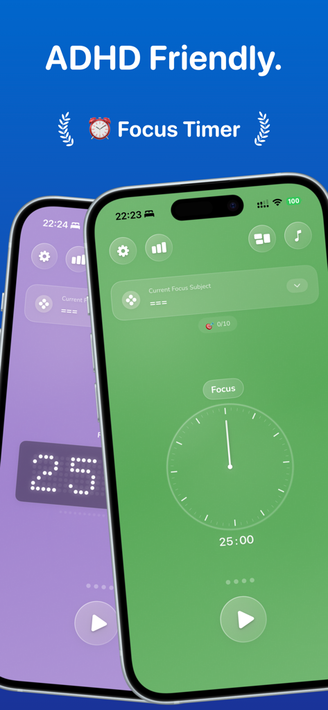 Two iPhones displaying the Pomodoro Focus Timer app with minimalist green and purple aesthetic themes labeled as ADHD friendly