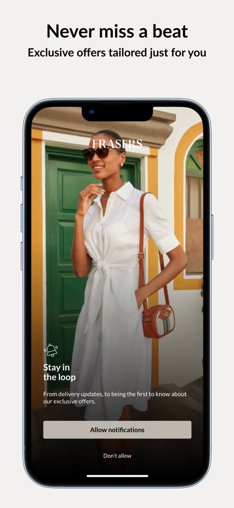 Frasers app notification prompt for exclusive shopping offers and delivery updates