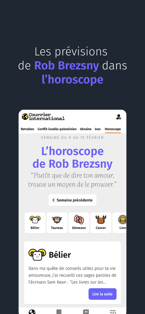Courrier international - Interface of the Courrier International app showing the horoscope section by Rob Brezsny in French