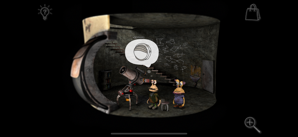 Two characters solve a visual riddle near a telescope in the game Avolteha