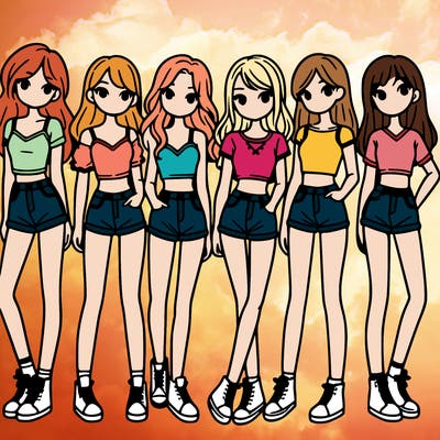a group of girls wearing crop tops and shorts