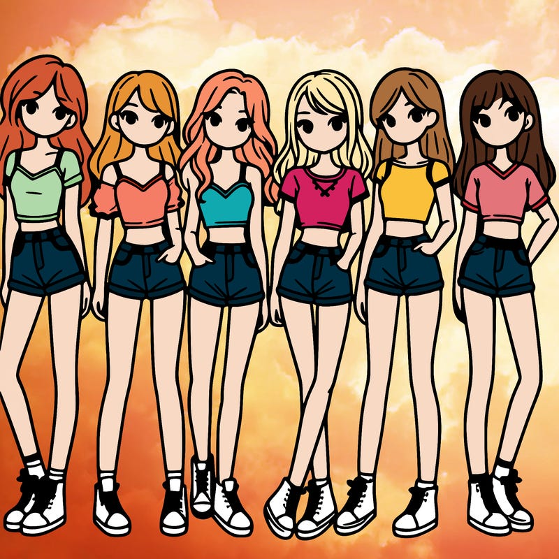 a group of girls wearing crop tops and shorts