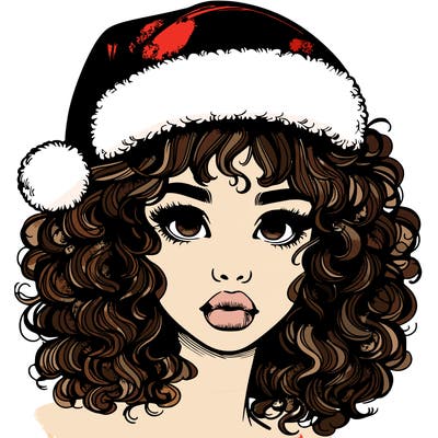 realistic girl with a santa hat curly hair and lips