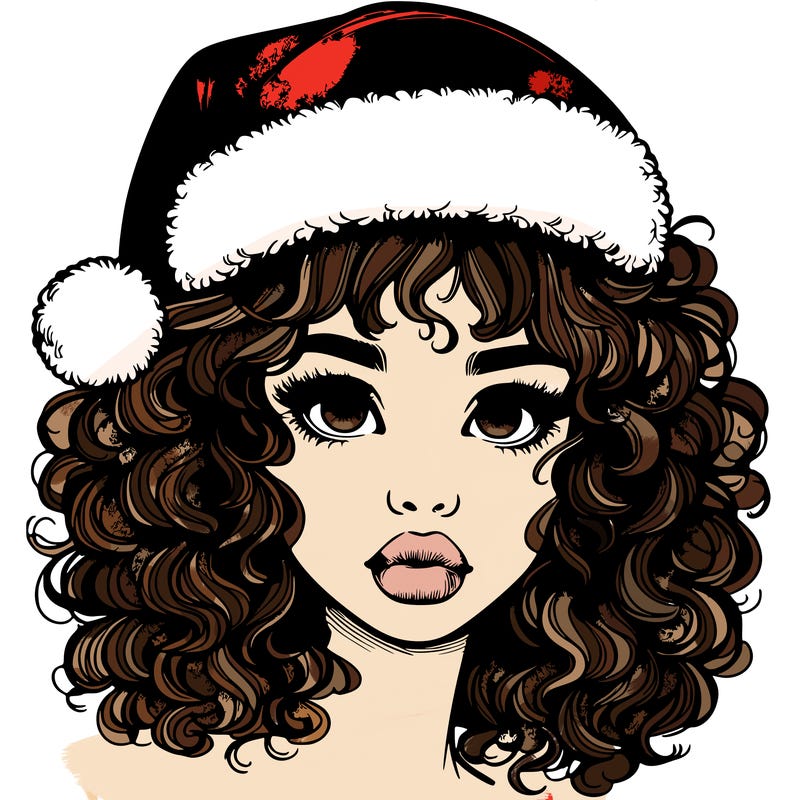 realistic girl with a santa hat curly hair and lips